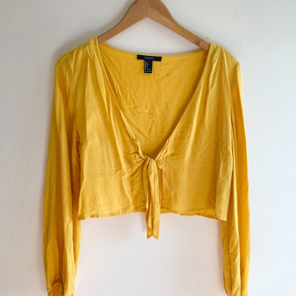 FOREVER 21 Crop Sunshine Yellow Tie-Front Top